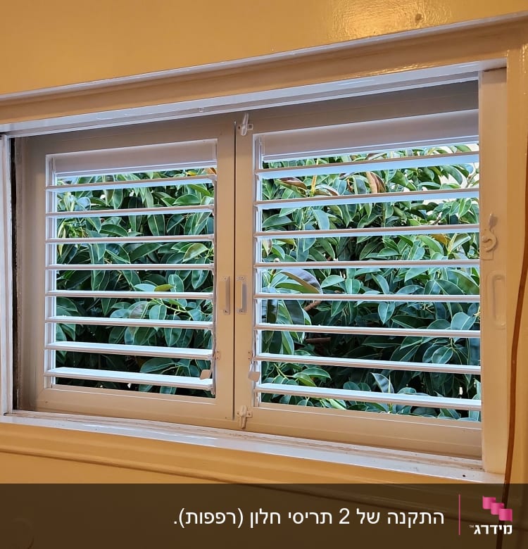 חלון עם תריסי אלומיניום לבנים